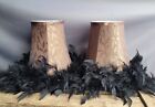 Vintage Pair Of Lampshades Feathers Baroque Print Bronze Black Boudoir Shades 
