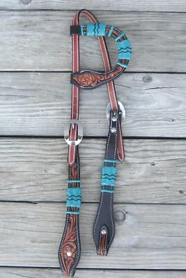 Cabezal de una oreja con doble hebilla de cuero verde azulado de dos tonos 30093 Foto 1 de 3