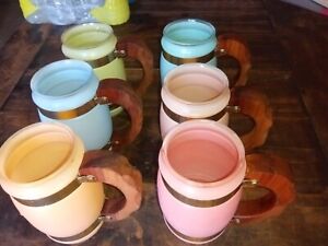 Set Of 6 Vintage Siesta Ware Glasses Frosted Barrel Mugs Wood Handles Cups 5”