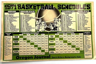 1971 BASKETBALL SCHEDULE POSTER OREGON WASHINGTON STATE BEAVERS COUGARS 22X14 - Image 1 of 2