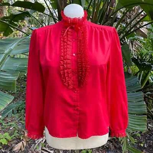 Vintage 80s Bright Red Tuxedo Ruffle Button Up Blouse Rhapsody Size M L - Picture 1 of 8