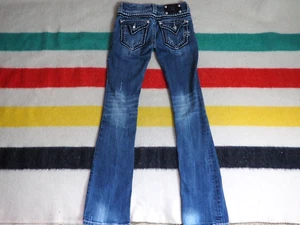 VTG Y2k 2000s Miss Me Faded Blue Denim Stitch Cross 26x33 Flare Low Rise Jeans - Picture 1 of 12