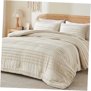 Boho Size Comforter Set - Tufted Striped Bed Set 3 Pieces, Soft King Beige - Picture 1 of 7