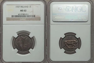 Rare 1937 Ireland Silver 1 Shilling-Bull/Harp- NGC-MS62 - Picture 1 of 2