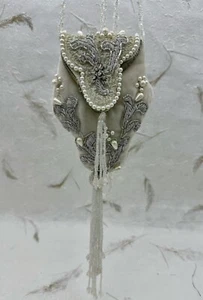 Vintage Wayne M. Kleski Ivory Velvet Beaded Dangle Purse Stunning Cream Silver - Picture 1 of 20