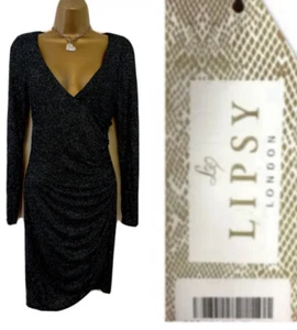 Lipsy Bodycon Dress 10 Navy Glitter Plunge Wrap Evening Party Occasion Wedding - Picture 1 of 16