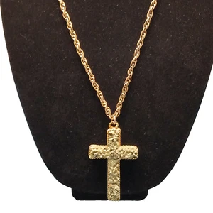 Crucifix 3" Green Natural Stone Chips Gold Tone 24" Chain Vintage - Picture 1 of 5