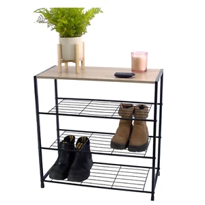 Contemporary 4 Tier Storage Shoes Rack Black Metal Frame Oak Finish Top Home - Picture 1 of 5