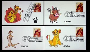 4 Copertine Disney Friendship FDC PMW Colorate a mano 2004 Re Leone Simba Pumbaa - Foto 1 di 2