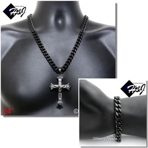 24"MEN Stainless Steel 9mm Black Plated Cuban Necklace Bracelet Cross Pendant*28 - Picture 1 of 6