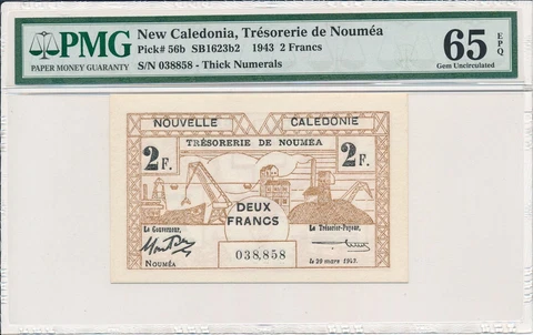 Trésorerie de Nouméa New Caledonia  2 Francs 1943 S/No x38858 PMG  65EPQ Cover