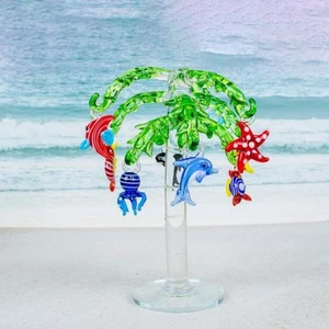 Glass Palm Tree w Sealife Ornaments Tabletop Figure Ocean Coastal Year Round - Picture 1 of 3