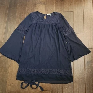 Dizzire Dress Womens Large Black Lace Chiffon Whimsy Goth Bell Sleeve Grunge - Picture 1 of 19