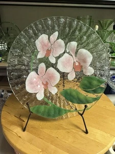 4404 SYDENSTRIKER Fused Glass Featuring Pink And White Orchids Signed By A Cross - Picture 1 of 4