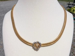 Vintage Miriam Haskell Gold Tone Rhinestone HEART Choker Necklace - Signed - Bild 1 von 4