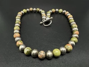 Natural Unakite Round Shape Bead Necklace 16” 925 Sterling Silver 45Gs - Picture 1 of 8