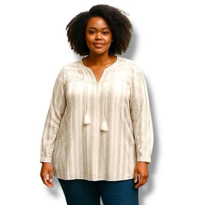 Top Chico's beige ricamato taglia 3 (XL) nappe neutro bohemien manica lunga - Foto 1 di 11