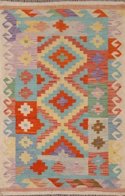 Alfombra de vestíbulo oriental Kilim del suroeste 3x5 lana tejida a mano alfombra reversible Foto 1 de 4