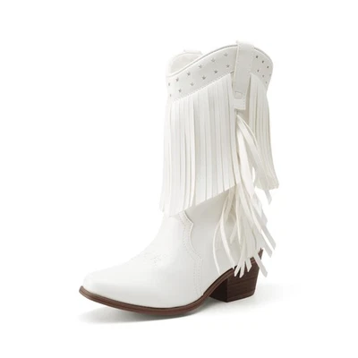 Kids Square Toe Western Boots Girls Cowboy Boots Tassel Fringe Mid Calf Boots - Image 1 of 4