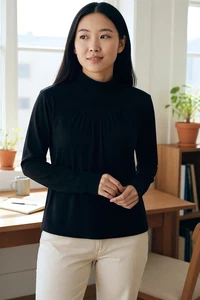 Top camicia collo alto Talbots Petites taglia PL nero maglia leggera preppy old money - Foto 1 di 9