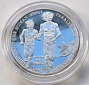 1995-P PROOF BLIND RUNNERS PARALYMPIC COMMEMORATIVE 90% $1 SILVER DOLLAR - Picture 1 of 2