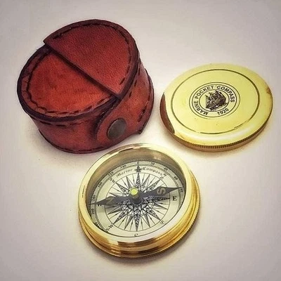 黄铜指南针 Robert Frost 诗歌带皮革盒 The Road Not Taken 口袋 — 第 1/4 张图片