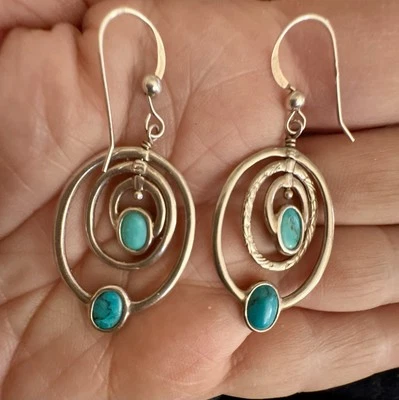 Natural Arizona Turquoise 925 Sterling Silver Earrings Motion Boho 1&1/2” Unique - Image 1 of 4