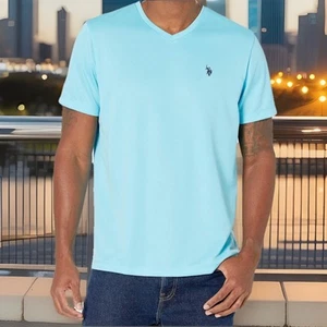 U.S. Polo Assn. Men's Short Sleeve V-Neck Striped T-Shirt-Horizon Blue-Size XL - Picture 1 of 9