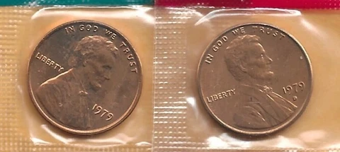 1979-P&D UNCIRCULATED LINCOLN MEMORIAL CENT IN MINT SET CELLO (2 COINS) Cover