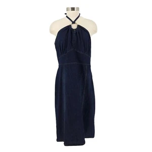 Ashley Stewart Midi Halter Dress Sleeveless Dark Wash Denim Keyhole Neck 16W - Picture 1 of 8