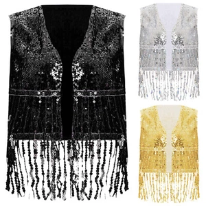 Womens Vest Music Festival Top Cardigan Waistcoat Performance Sequin Halloween - Picture 1 of 46