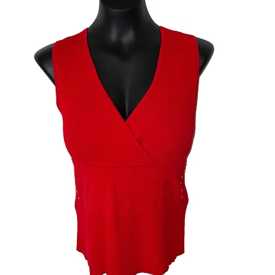 Women's L Sweater Tank Evie Red Ribbed Raised Banded Gold Button Waist Accent - Image 1 of 4