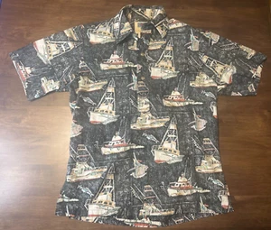 Avi Collection by Kahala | Faded Black Boats Pattern | Hawaiian Shirt Size Small - Picture 1 of 5