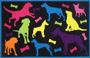 PRINTED NYLON RUG (nonskid back) (19"x29") MULTICOLOR DOGS & BONES ON BLACK, FR - Picture 1 of 11