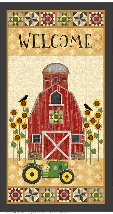 Farm Welcome Fabric Tractor Sunflower Quilt Barn Cotton Benartex 23.5"X44" Panel - Image 1 of 1