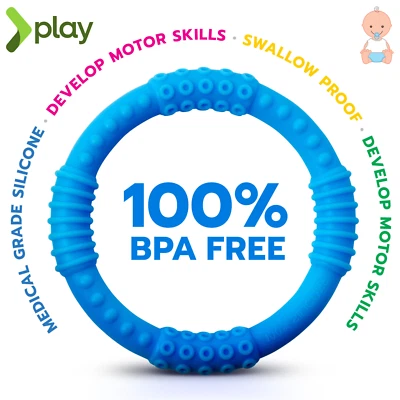 BABY Teether Pacifier Ring Silicone Teething Toy Chew Soother BLUE Dummy No BPA - Image 1 of 4