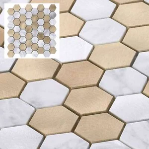 White Calacatta Marble Champagne Gold Metal 1.5" Hexagon Mosaic Tile Backsplash - Picture 1 of 7
