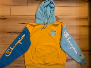 Champion Reverse Weave Thick Emroidered Sleeves Two-Tone Blue and Gold Hoodie - Picture 1 of 16