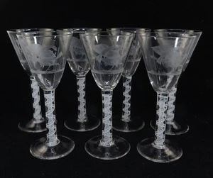 Beautiful Antique Air Twist Stem & Etched Glass Stemware: 7 Wine Glasses 7.5" t - Picture 1 of 6