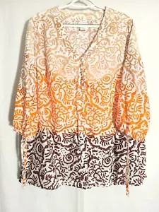 JMS-White Orange Brown Tan Batik Ombre 3/4 Sleeve Vneck Cotton Button Top-3X - Picture 1 of 6