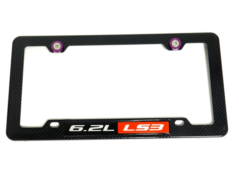 6.2L LS3 CARBON FIBER LOOK LICENSE PLATE FRAME W/ 2 PURPLE WASHERS & BOLTS - Image 1 of 1