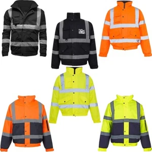 Mens Hi Vis Reflective Bomber Jacket Multi Pocket Two Tone Padded Hooded Coat - Picture 1 of 13