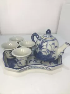 Chinese Porcelain Tea Set Blue & White Floral With Tray Vintage - Picture 1 of 12