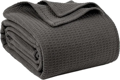 QUBA LINEN 100% Cotton Blankets Queen Size for Bed - Waffle (90 x 90), Dark Grey