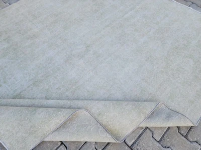 Alfombra turca neutra 7x8 blanca, alfombra anudada a mano, alfombra Oushak verde, alfombras de lana Foto 1 de 4