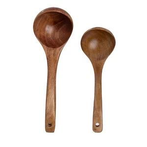 Set of 2 Wooden Spoons for Cooking 2 Sizes Deep Ladle Natural Wood Sauces Por... - Picture 1 of 9