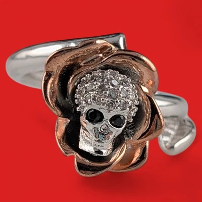 ЧЕРЕП РОЗОВОЕ КОЛЬЦО серебро и розовое золото покрытием стекла кристалл готический цветок смерти H5 - Изображение 1 из 4