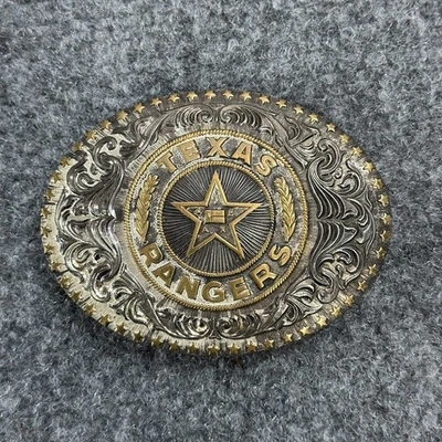 ¡Hebilla de cinturón vaquero Western Texas Rangers! ¡VINTAGE! RARO! ¡CRUMRINE! PLATEADO Foto 1 de 4