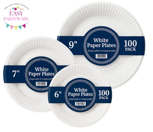 100 placas de papel desechables blancas redondas para fiesta de 6"" 7"" 9"" catering de cumpleaños barbacoa - Imagen 1 de 5