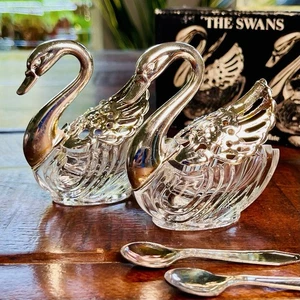 Godinger Crystal Silver Plate Swans Salt Cellar Pepper Dip Spoons Italy - Picture 1 of 12